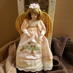 House of Hatten Porcelain Angel Christmas Tree Topper Pink Dress Gold Wings 11"